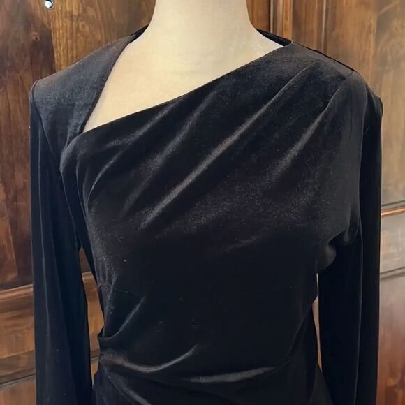 Zara Black Crushed Velvet Asym. Neck Body-Con Stretchy long-sleeved Dress, S - Picture 2 of 9